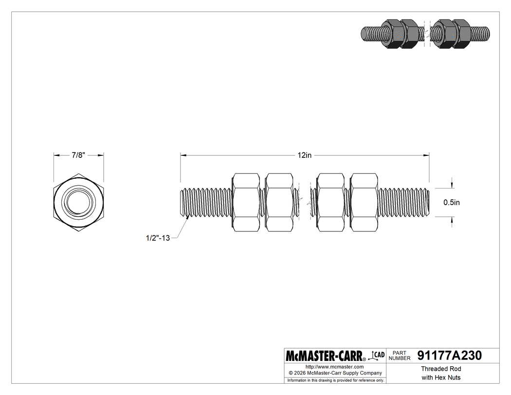Technical Drawing of Threaded Rod with Hex Nuts, Grade B7, 1/2"-13 Thread Size, 12" Long.